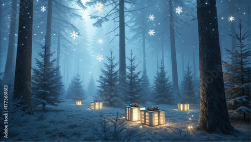Snowy forest with lanterns and starry night sky, winter landscape scene