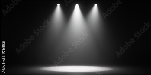 Bright silver brushed steel spotlight on an empty grey metallic stage wall for a theater performance