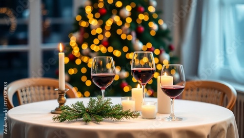Romantic Christmas dinner with wine and candlelight glow