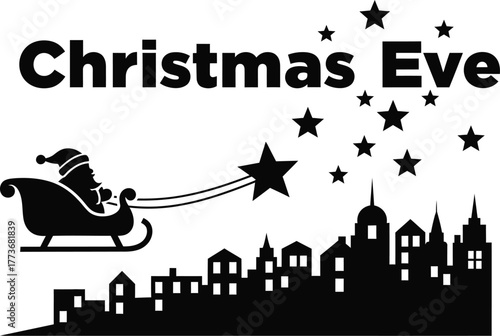 Christmas eve illustration with santa claus in sleigh and city the day before christmas, celebrated worldwide