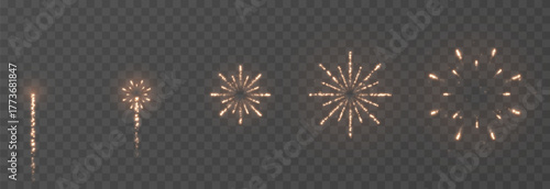 Stages of a golden fireworks explosion. Fireworks PNG. Festive background.