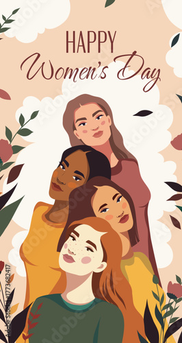 Women's Day. Feminism. A group of women of different skin colors and nationalities pose against a background of flowers. Concept of the movement for gender equality and women's empowerment