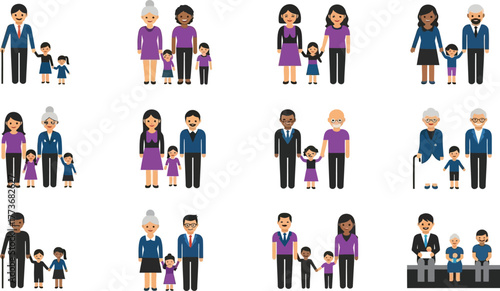 Diverse family groups illustration of multigenerational families with children isolated on a white background
