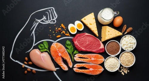 High protein food for building muscle and gaining strength concept