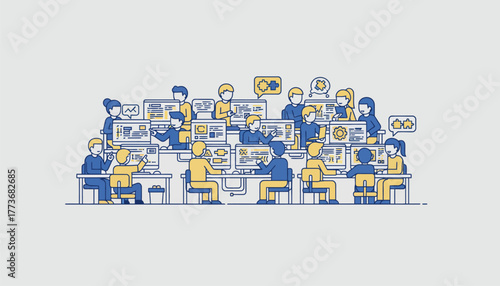 A computer lab filled with students coding a video game focused on problemsolving and teamwork as they debug their programs.