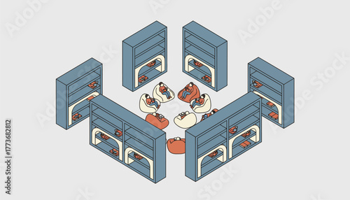 An isometric library setting filled with towering bookshelves readers in cozy nooks and a reading area with oversized cushions.
