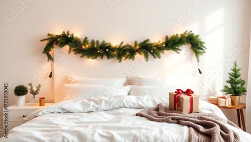 Cozy Christmas bedroom decor with gift on soft white bed