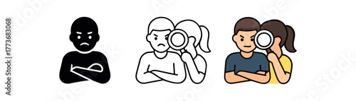 jealous partner spying icon on white background Black silhouette flat icon outline icon and colored icon style three minimal vector icon style