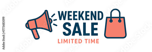 Weekend sale limited time banner with megaphone. Urgent promotion announcement, bold design. Flat vector illustration.