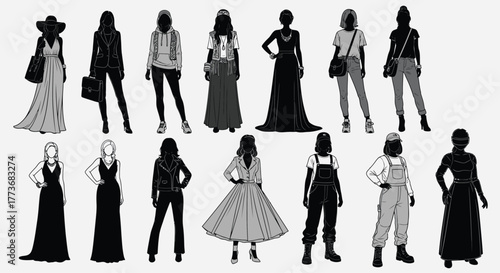 Collection of diverse womens fashion silhouettes stylish illustrations of various outfits isolated on a white background