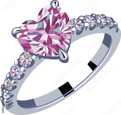 Pink heart shaped diamond engagement ring vector graphic with sparkling gems on a silver band