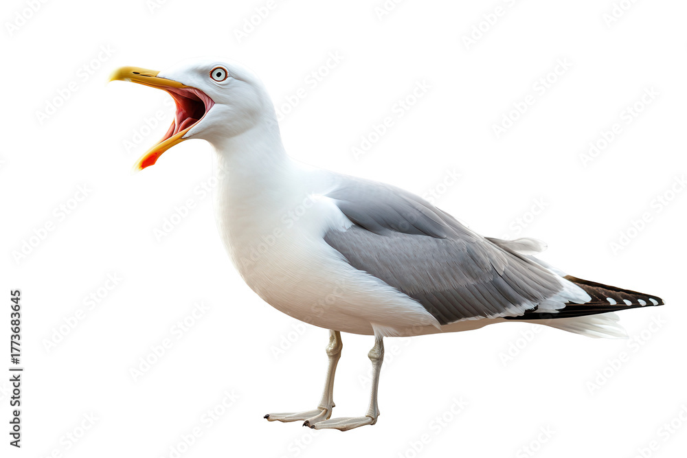 Naklejka premium Seagull with open beak on a transparent background, displaying its features and unique coloration in a striking pose typical of coastal birds