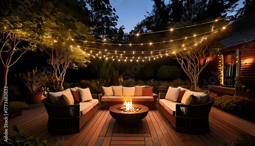 luxuriant greenery, firepit, string lights, outside patio, comfortable seats, and landscape lighting