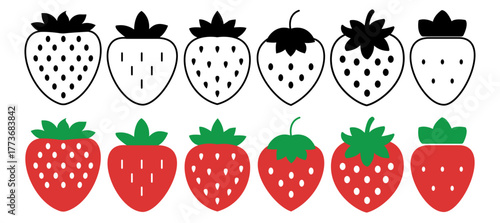 Garden strawberry fruit or strawberries line art vector icon set for food apps and websites.