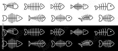 Fish bone or fishbone skeleton flat vector icon set for wildlife apps and websites.