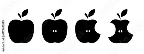 Apple vector icon set. Half an apple symbol. Bitten apple graphic illustration. Fruit with bite mark. Black silhouette isolated on white background.