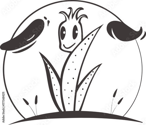 Whimsical outline drawing of a smiling flower with birds and leaves representing nature's delight isolated on transparent background