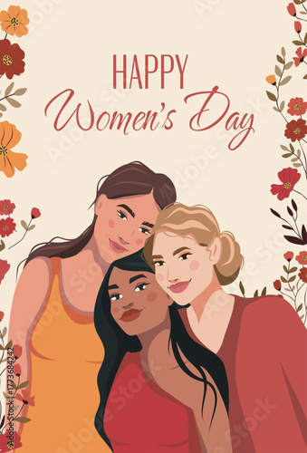 Kind smiles pleasant emotions. Women's group women girls of different nationalities and skin colors hug each other. Women's day. Movements for gender equality and women's empowerment. Vector banner.