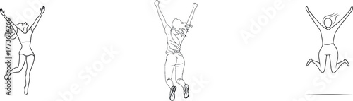 The design features a minimalist continuous line drawing of a girl in the act of jumping