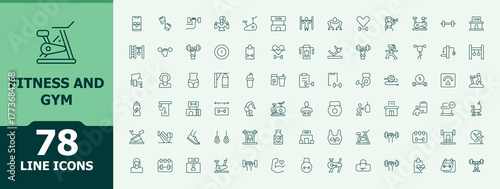 Set of Fitness and Gym line icon. Contain linear sign workout, sport, lifestyle, activity, nutrition, fit and more. Outline symbol collection. Gym vector icon set. Editable stroke collections.