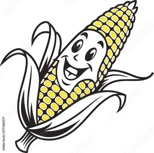 Happy cartoon corn cob character with glowing kernels and leaves enjoying sunlight isolated on transparent background