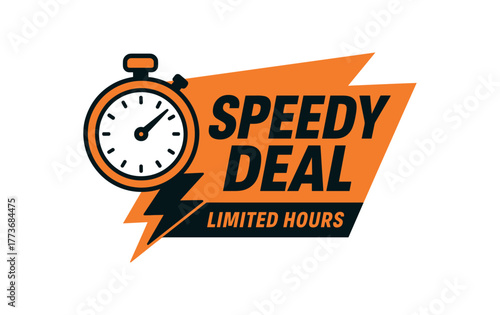 Speedy deal limited hours banner with stopwatch and lightning bolt. Urgent sale, fast promotion. Flat vector illustration.
