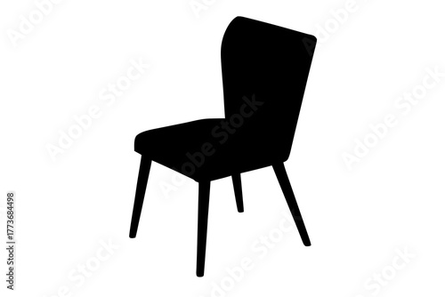 A simple black silhouette of a modern dining chair with a tall curved back and four slender legs on a white background representing minimalistic furniture design silhouette