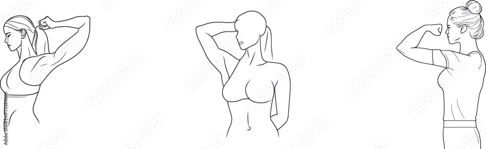 Fototapeta premium The power of women is captured in a minimalist design featuring a continuous one-line drawing of a strong woman on a white background, evoking a supergirl style