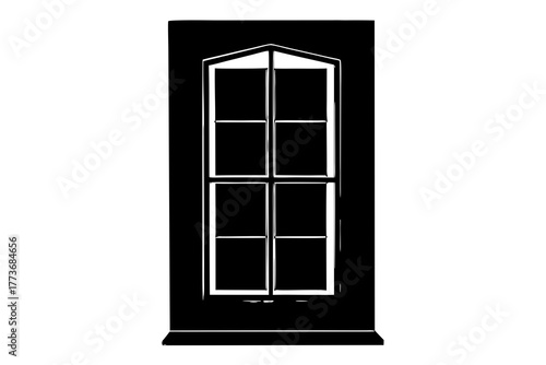 A tall narrow arched top window with six panes is presented as a stark black silhouette against a white background creating a graphic and minimalist design