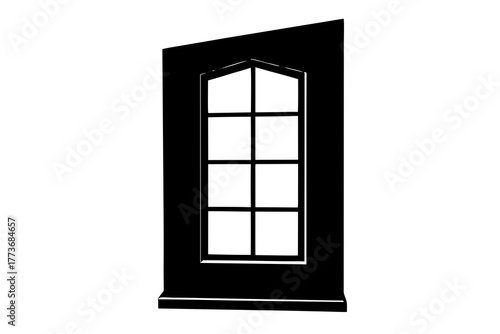A black silhouette of a tall narrow door with a multi pane arched window and a white background representing an architectural element silhouette