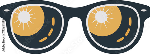 Stylish vector eyeglasses with dark frames and yellow lenses reflecting a bright sun isolated on black