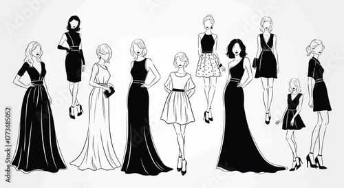 Collection of fashion sketches elegant women in dresses illustration for design projects