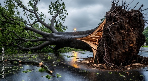 Massive tree uprooted by strong winds and storm