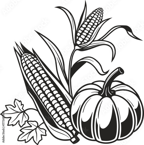Harvest bounty composition of corn pumpkin and autumn leaves symbolizing abundance isolated on transparent background