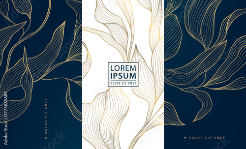 Elegant vector golden floral and leaf patterns, delicate lines, luxurious abstract design. Packaging, cosmetic labels, wine or tea branding, invitations, premium decorative backgrounds