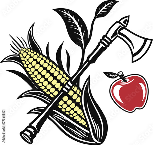 Golden corn cob and red apple fresh harvest nature food organic agriculture isolated on transparent background