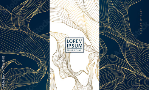 Elegant vector golden floral and leaf patterns, delicate lines, luxurious abstract design. Packaging, cosmetic labels, wine or tea branding, invitations, premium decorative backgrounds