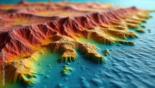 Colorful 3D topographic map displays ocean floor topography with varied heights and depths. Abstract seascape with vibrant hues of red, yellow, green, blue highlights underwater landforms.