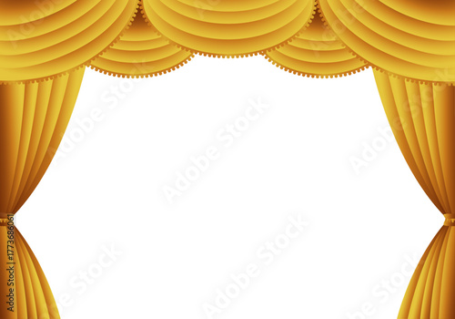 金色の幕　金のカーテン　金色の幕の舞台（ヨコ）背景白