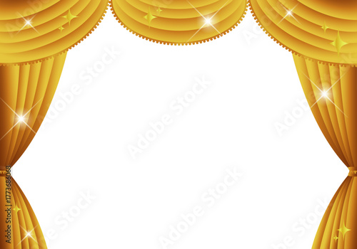 金色の幕　金のカーテン　金色の幕の舞台（ヨコ）背景白