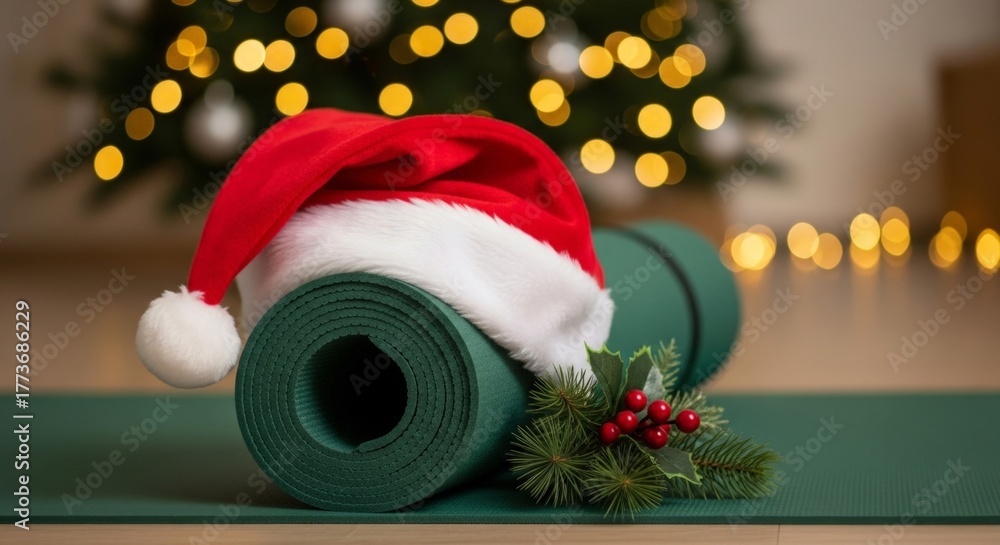 Fototapeta premium Christmas Santa hat on rolled yoga mat near lights