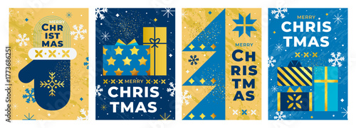 Stylish Christmas greeting cards in blue and gold color palette. Minimal geometric design with house, Christmas tree, snowflakes and ornaments. Perfect for holiday prints and digital cards. Vector