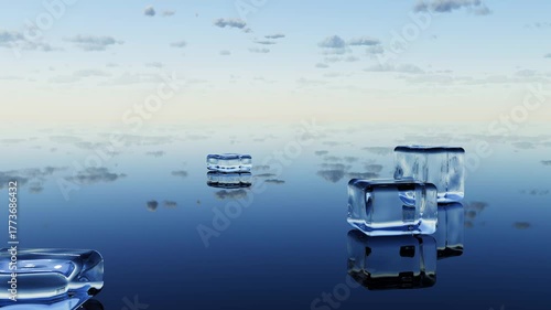 Transparent cubes of ice or glass move across the surface of a 
frozen sea against a backdrop of clouds.
