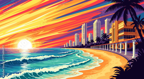 Sunset Over Miami Beach Vibrant Waves and City Skyline