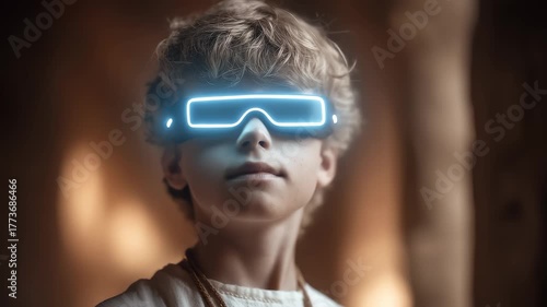 Future Boy Wearing Smart Glasses Looking Forward to Technological Development