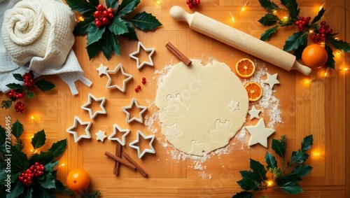 Festive Christmas baking scene with dough and star shapes