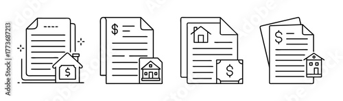 Real estate financial documents, mortgage contract line icons set