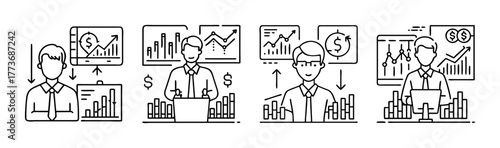 Financial analyst vector illustration set business data graphs icon