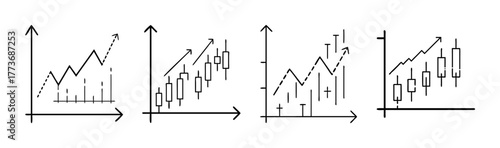 Sketch hand drawn financial charts set showing upward market growth
