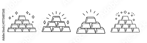 Financial gold ingots stack line icons wealth banking investment